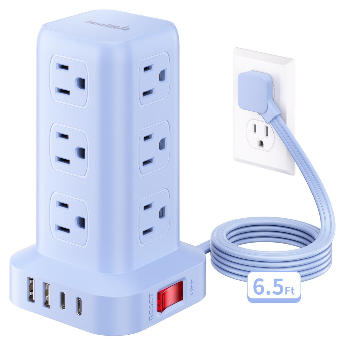Extension Cord with Multiple Outlets, SMALLRT Power Strip Tower, PD 20W USB C, Outlet Extender with USB Ports 12 AC Outlets, 6.5FT Extension Cord for Home Office, Overload Protection