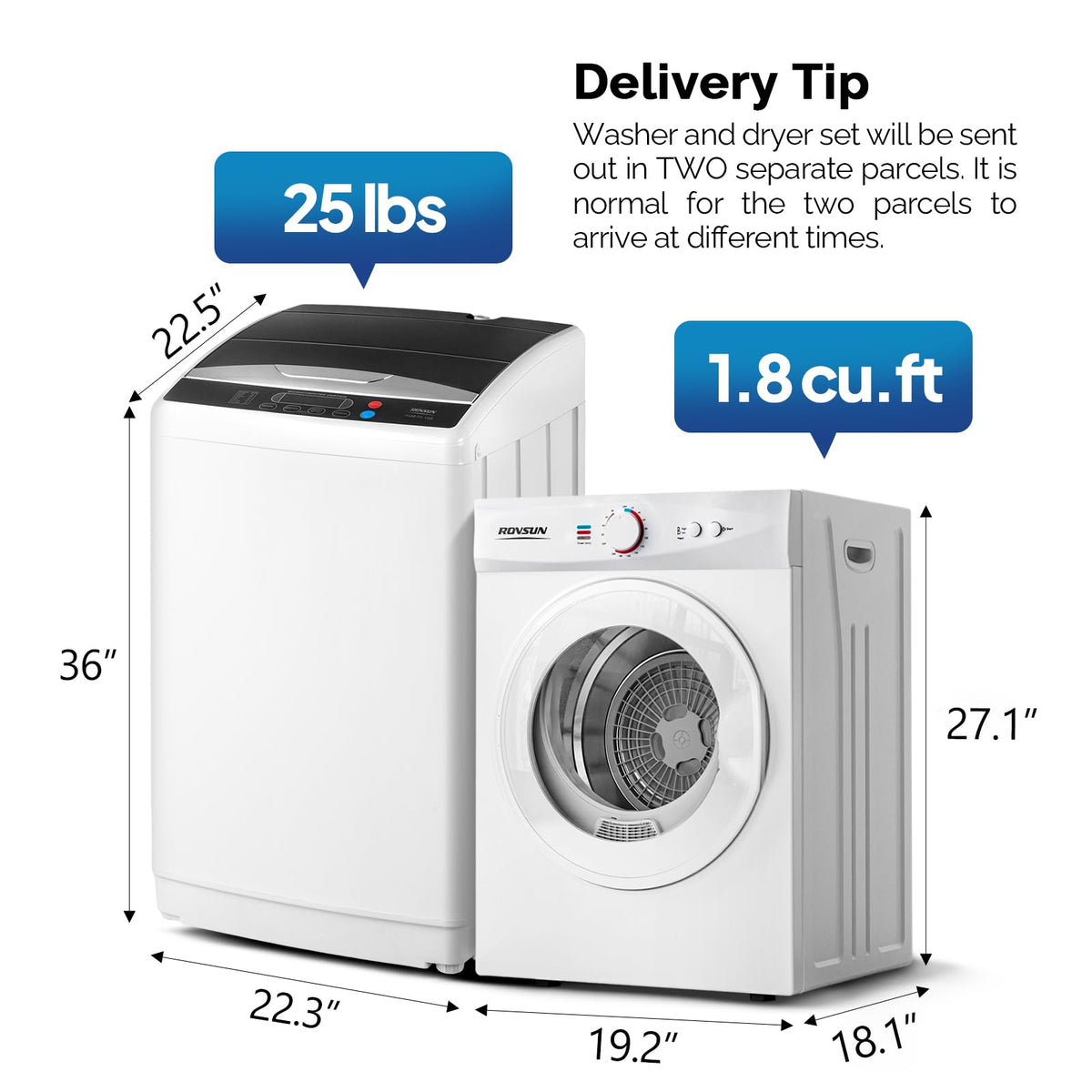 ROVSUN 25LBS Full-Automatic Washing Machine and 3.5CuFt Portable Clothes Dryer Set, Compact Laundry Washer and Dryer Combo Set with Stainless Steel Inner Tub, for Apartment, Dorms, Home