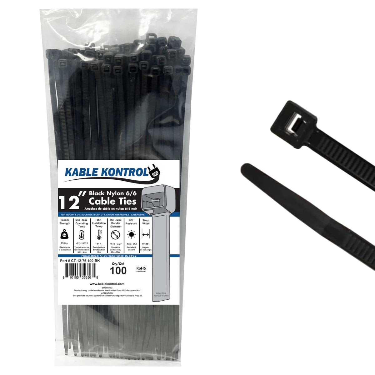 Kable Kontrol Cable Zip Ties, 4 Inch, 100 Pcs, 18lbs Test, Gray