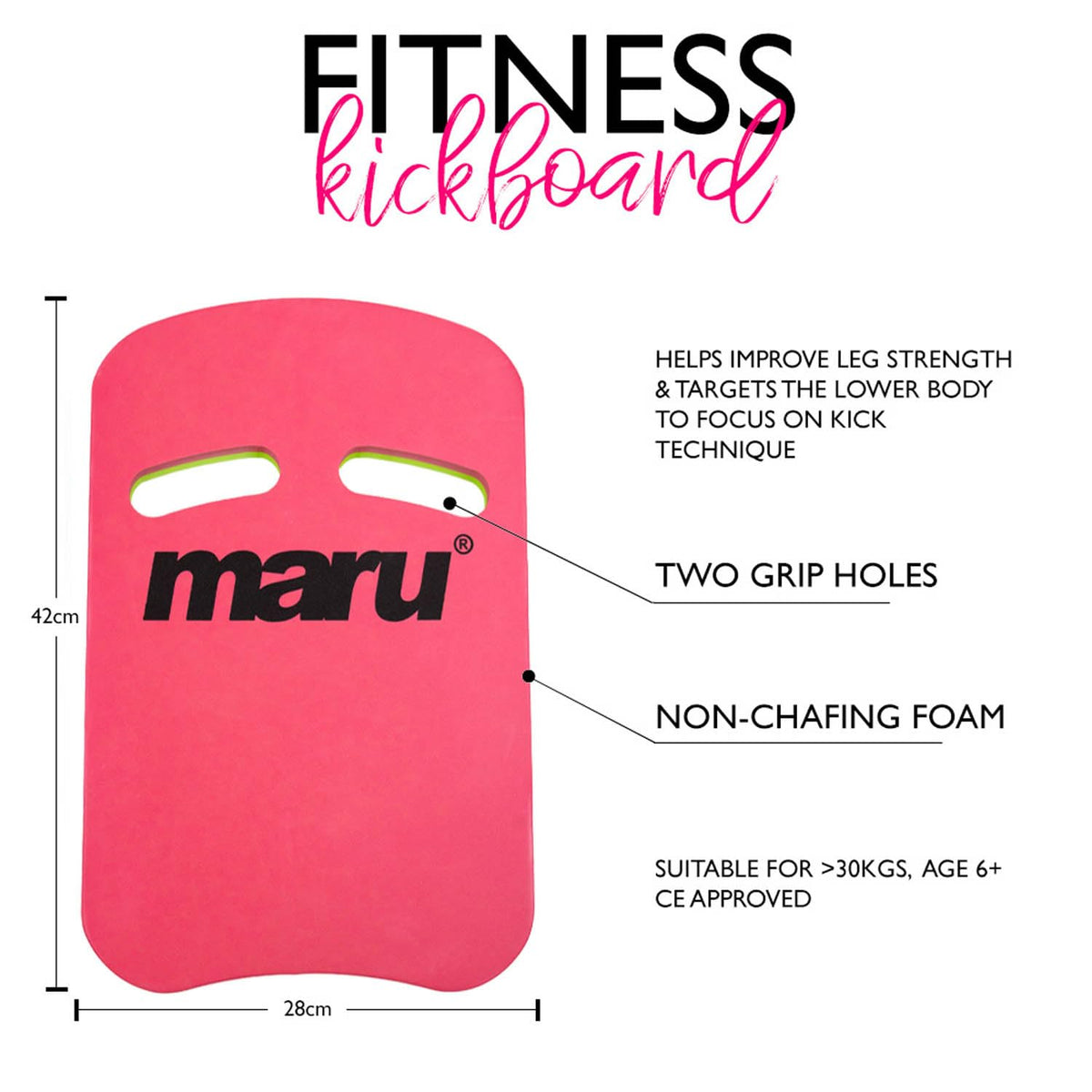 Maru Swimming Kickboard – Buoyant Foam Swim Float for Kick Strength & Technique – L42xW28cm – Easy-Grip, Non-Chafing Swimming Float for Children & Adults (6+) – Trusted by Coaches