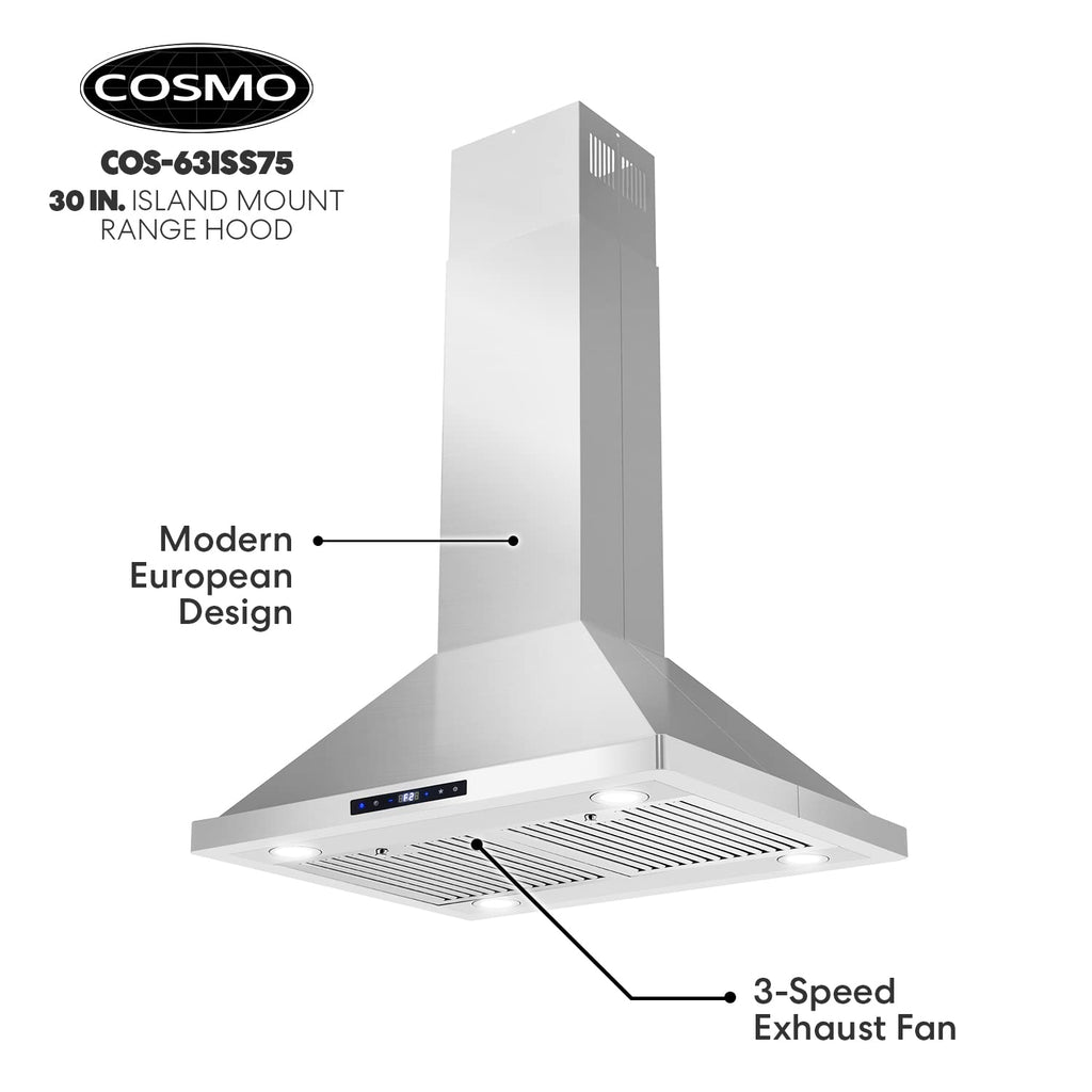 30 in. Lumin Coll 380 CFM Ducted Island Range Hood, LED, Stainless Steel