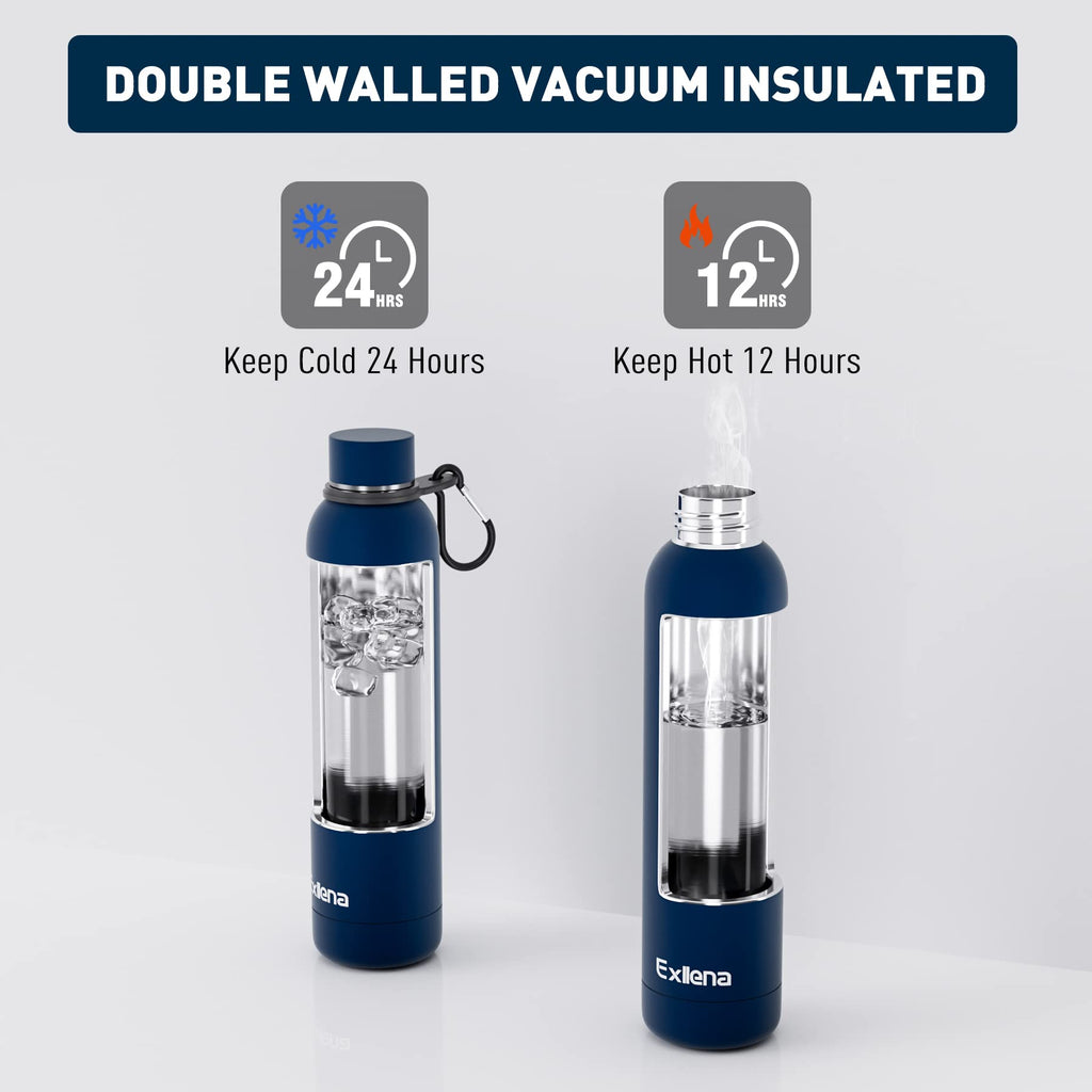 Exllena Insulated Black Water Bottles 750ml with Clip, Double Wall Vacuum Drinks Bottle Keeps Drinks Cold 24 Hrs/Hot 12 Hrs, Stainless Steel Water Bottle BPA Free