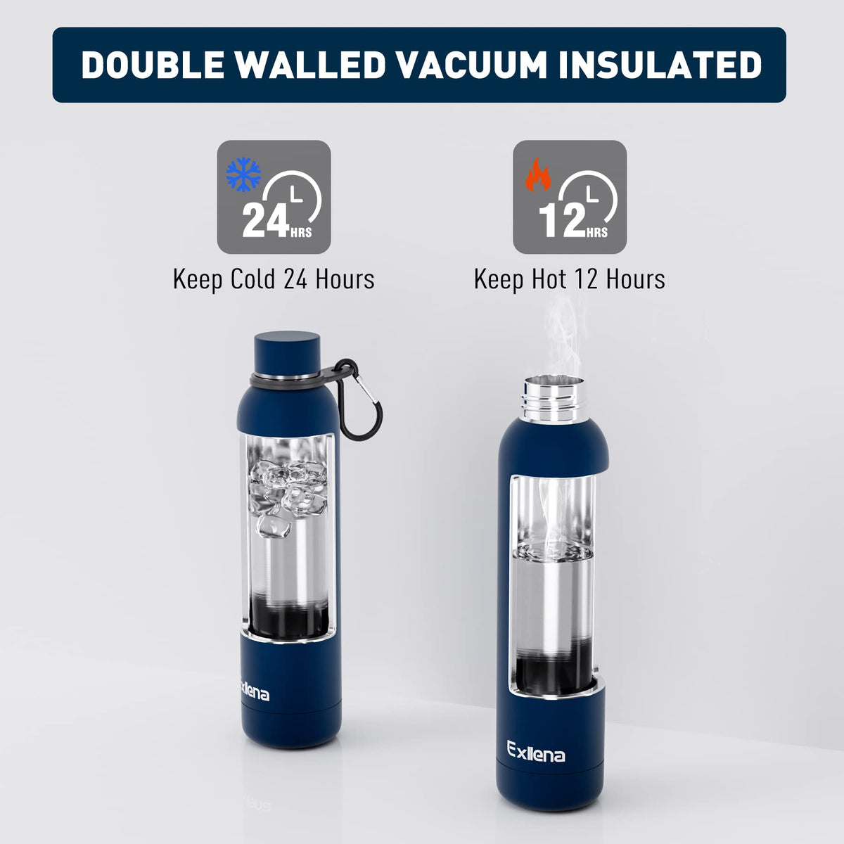Exllena Insulated Black Water Bottles 750ml with Clip, Double Wall Vacuum Drinks Bottle Keeps Drinks Cold 24 Hrs/Hot 12 Hrs, Stainless Steel Water Bottle BPA Free