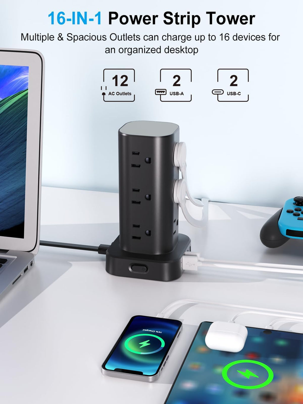 6FT Power Strip Tower with Wireless Charger,Surge Protector with 12 Outlets