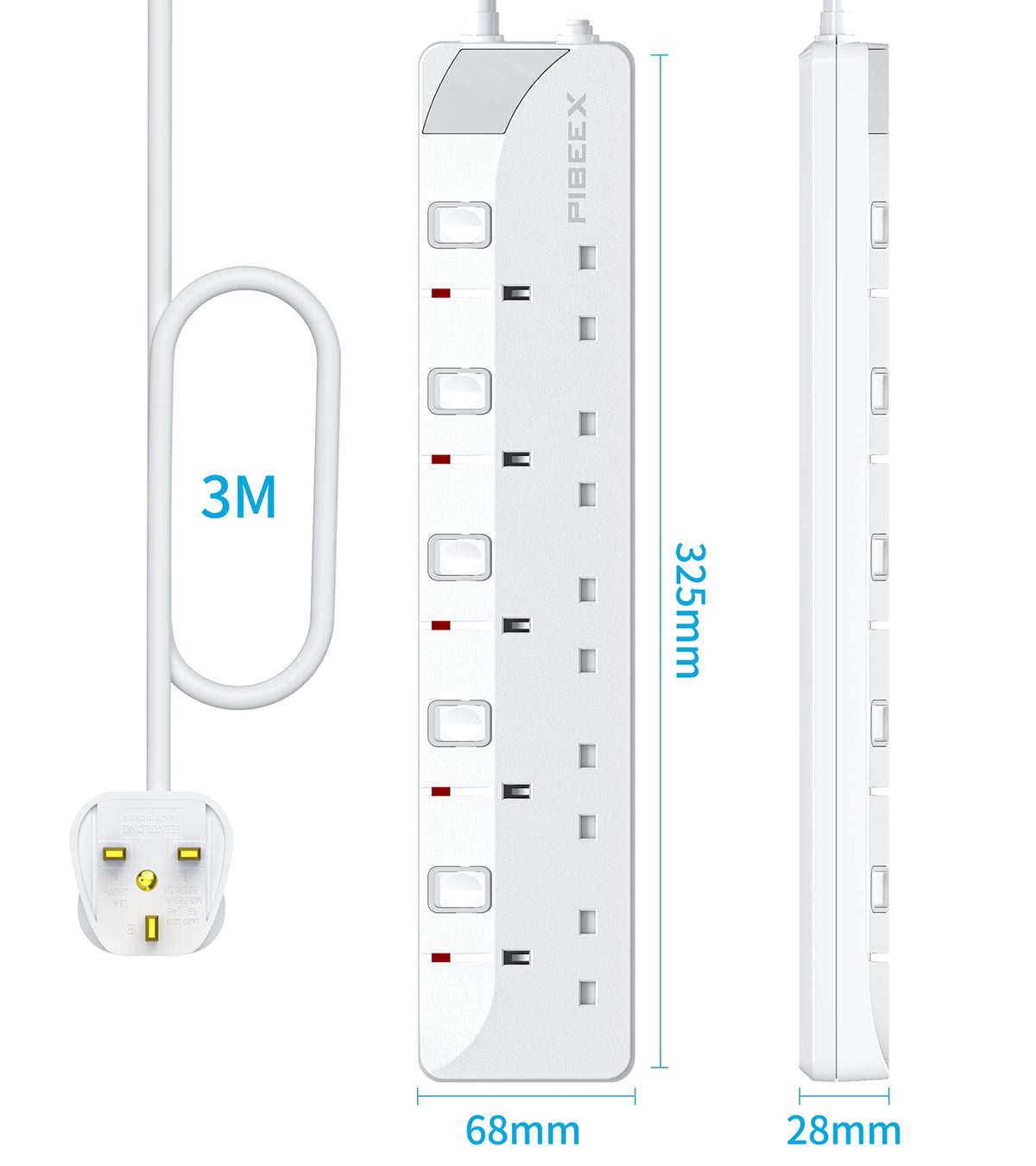 PIBEEX Extension Lead 2 Way Plug Sockets with Individual Switches Wall Mountable Power Strip 3M Extension Cable 13A Fused UK Plug 3250W