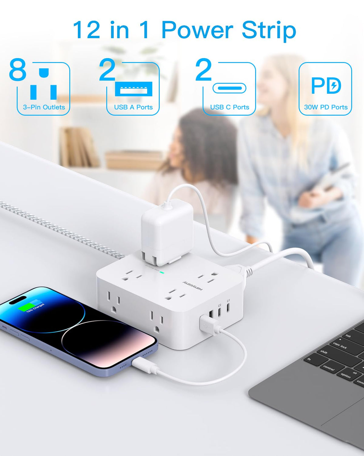 HANYCONY Surge Protector Power Strip, 10 Ft Braided Extension Cord, 1080J