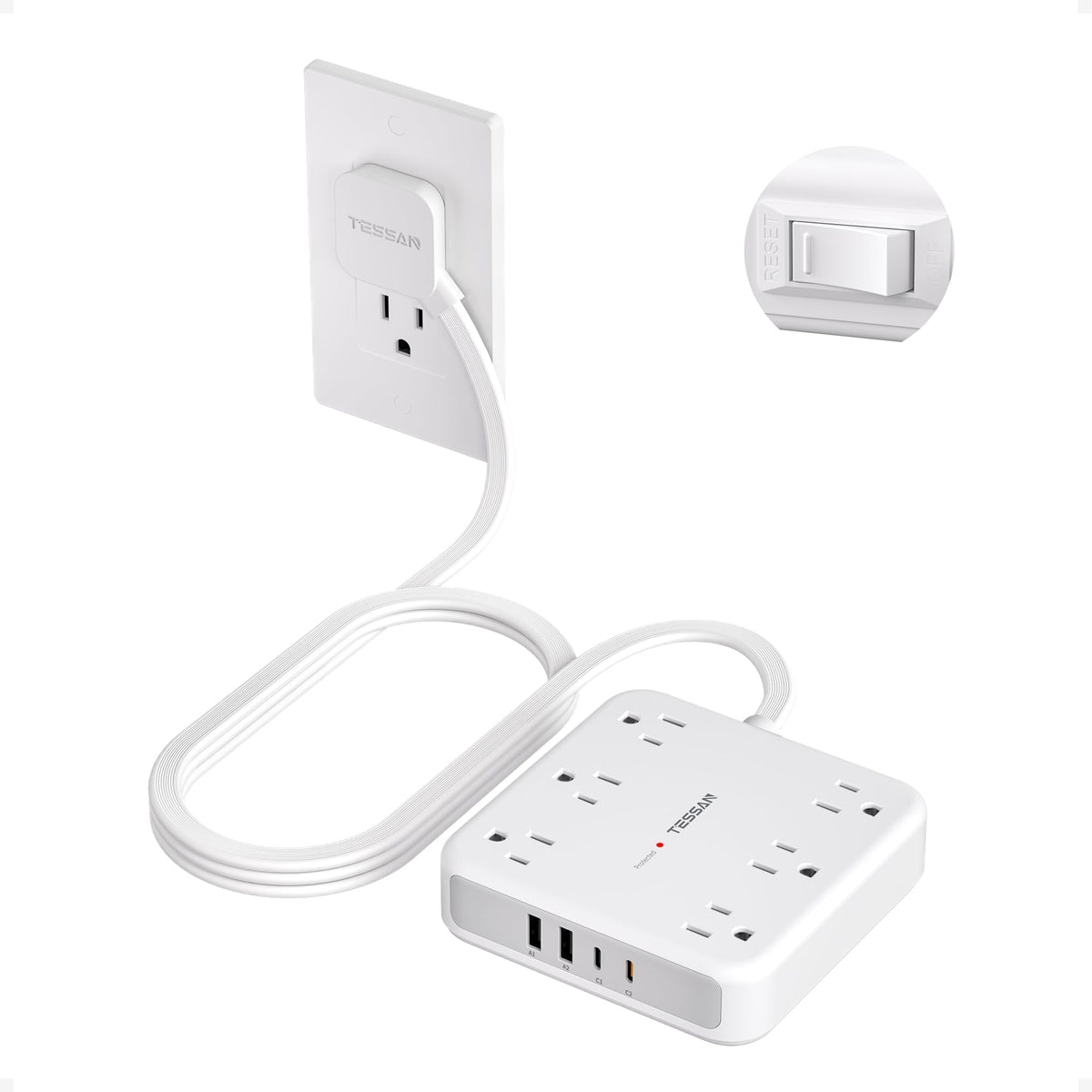 TESSAN Surge Protector Power Strip, 5Ft Flat Plug Extension Cord, Black