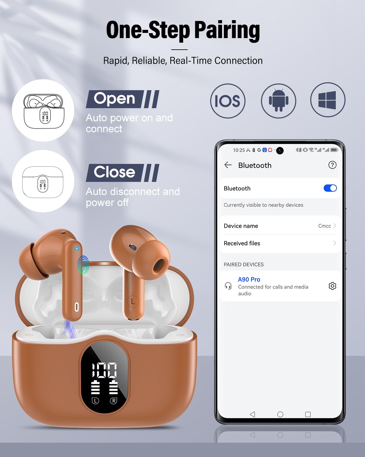 Wireless Earbuds, Bluetooth 5.4 Headphones Bass Stereo/Clear Calls, White