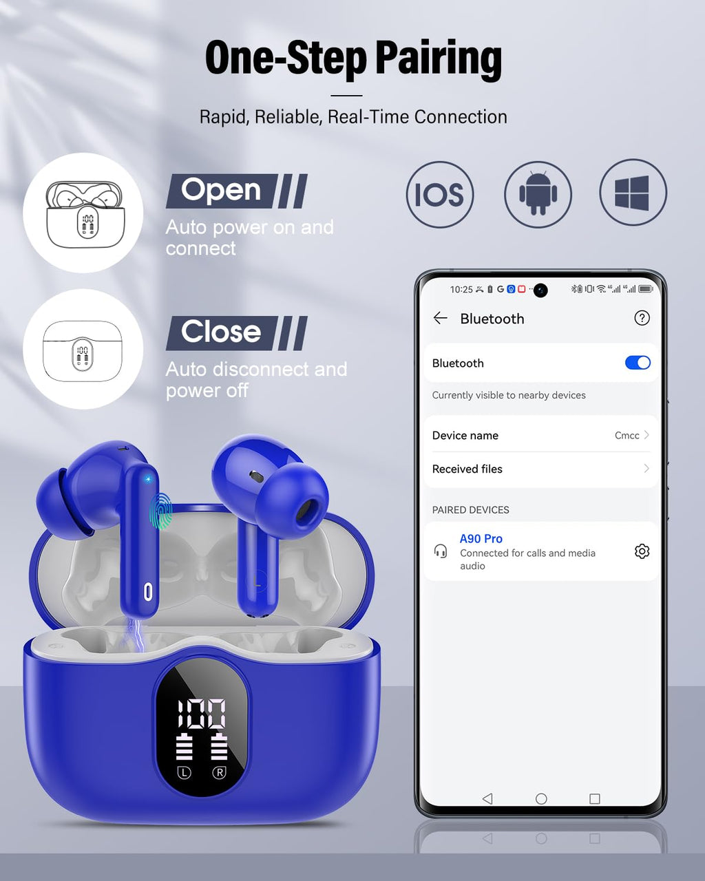 Wireless Earbuds, Bluetooth 5.4 Headphones Bass Stereo/Clear Calls, White