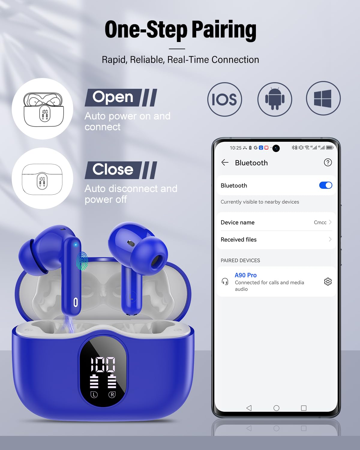 Wireless Earbuds, Bluetooth 5.4 Headphones Bass Stereo/Clear Calls, White