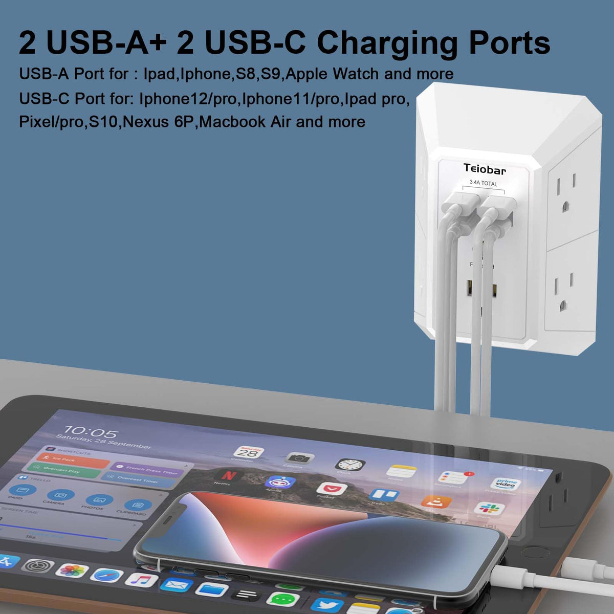 Multi Plug Wall Outlet Surge Protector with 6-Outlet & 4 USB Ports(2USB-C)