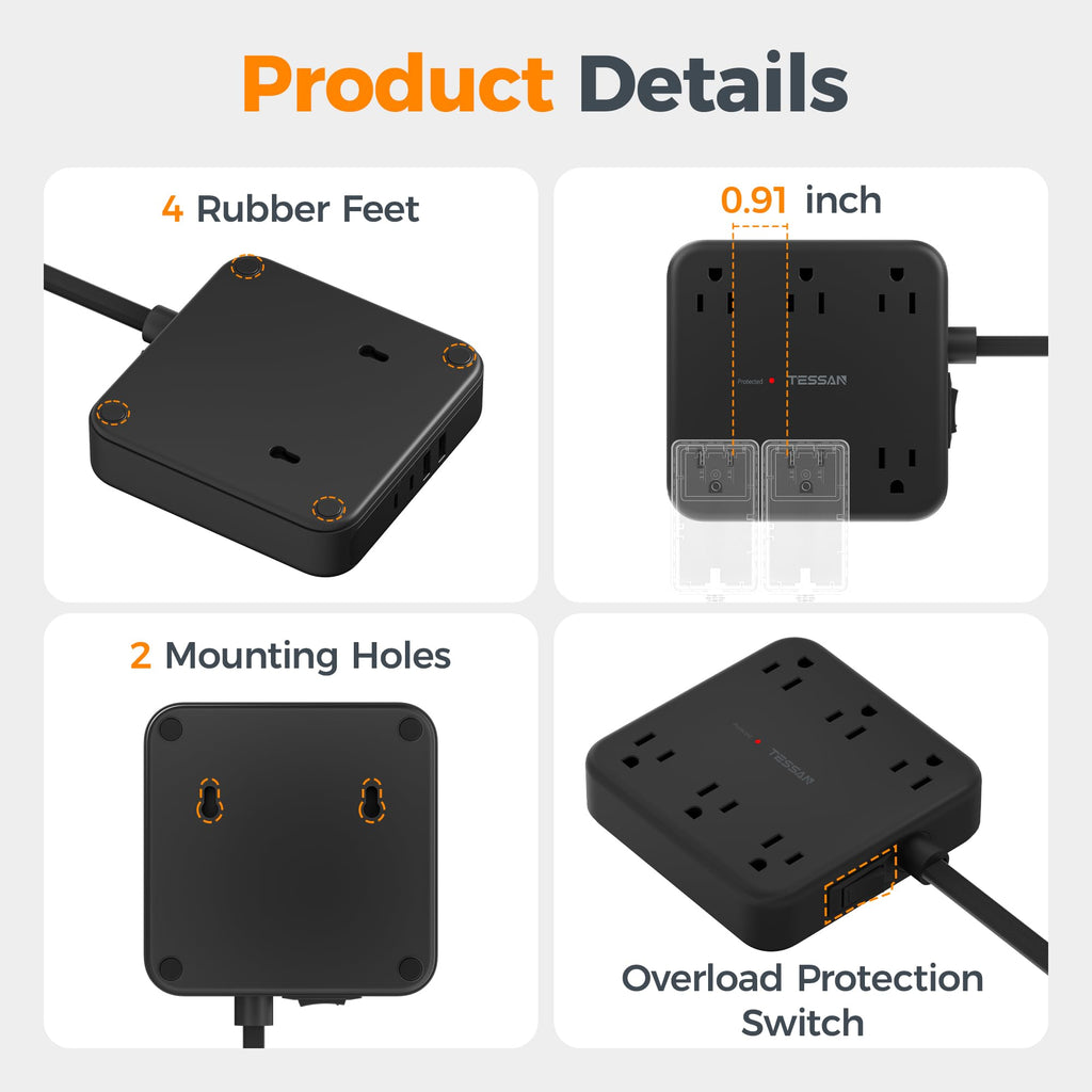 TESSAN Surge Protector Power Strip, 5Ft Flat Plug Extension Cord, Black