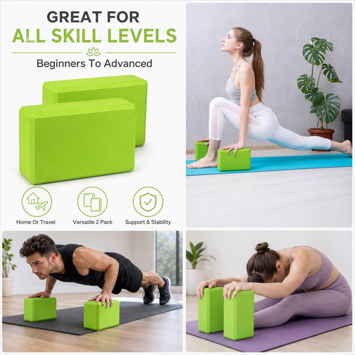 EXERZ Yoga Blocks 2pcs Gym Bricks -Comfortable Fitness Yoga Bricks, Anti-Slip, Lightweight and Travel Friendly Pilates Practice