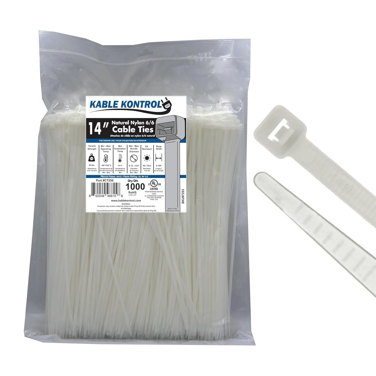 Kable Kontrol Cable Zip Ties, 4 Inch, 100 Pcs, 18lbs Test, Gray