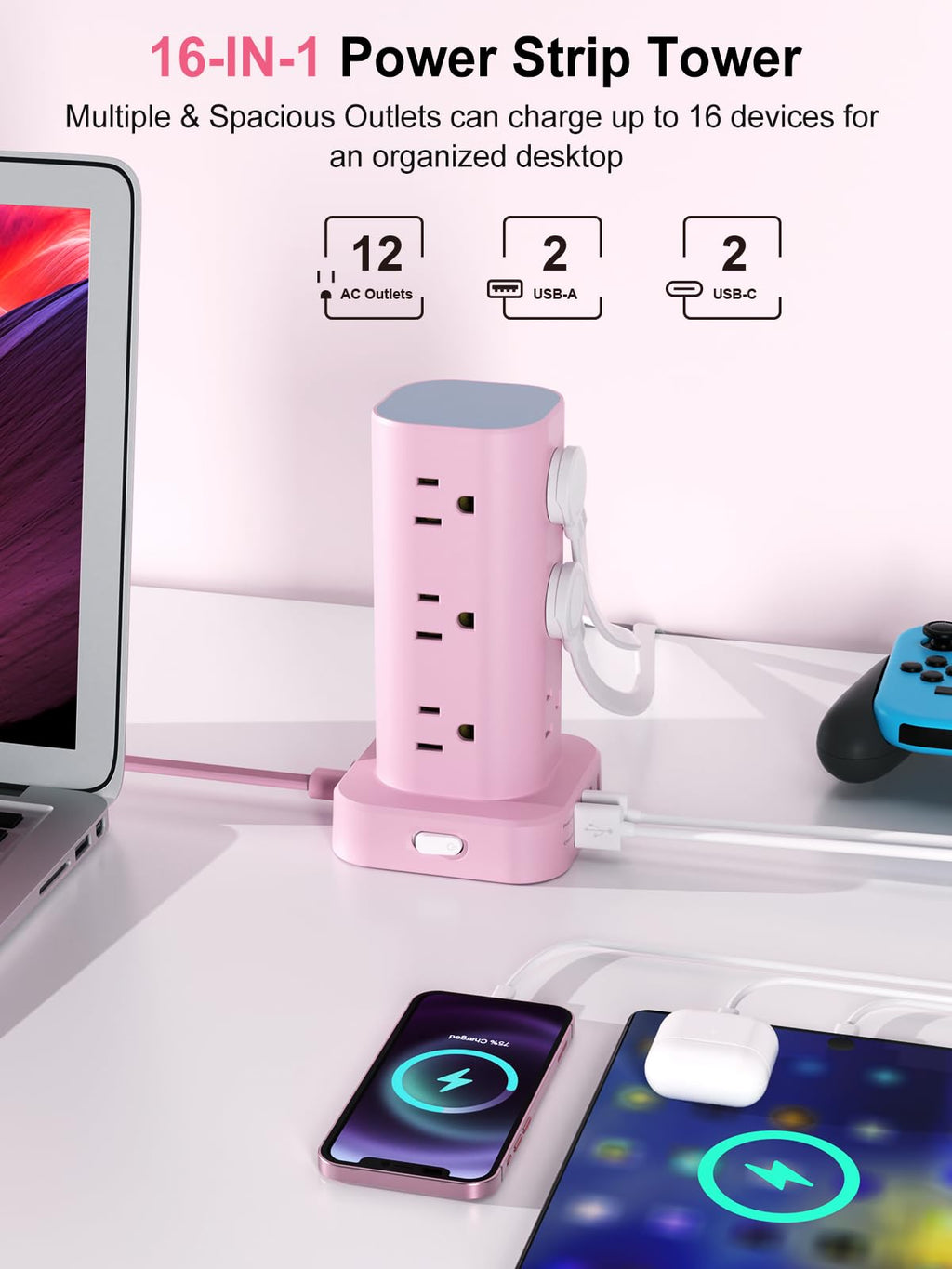 6FT Power Strip Tower with Wireless Charger,Surge Protector with 12 Outlets