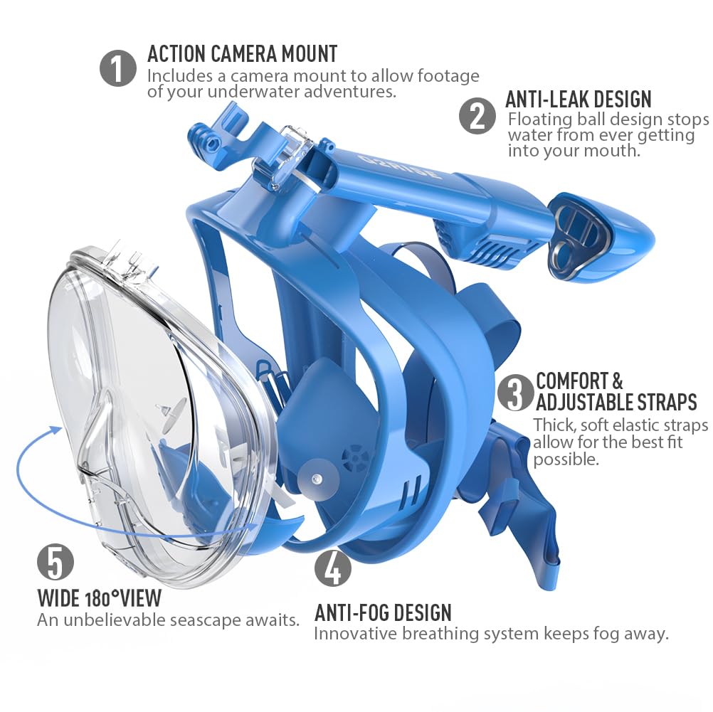 G2RISE SN01 Full Face Snorkel Mask with Detachable Camera Mount, Anti-Fog and Foldable Design, Advanced Breathing System for a Safe Adults/Kids Snorkeling Experience