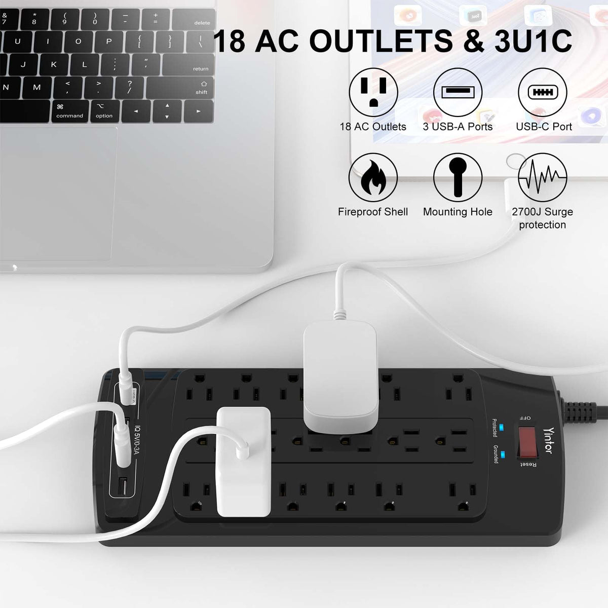 Yintar 6Ft Surge Protector Power Strip with 8 Outlets and 4 USB Ports