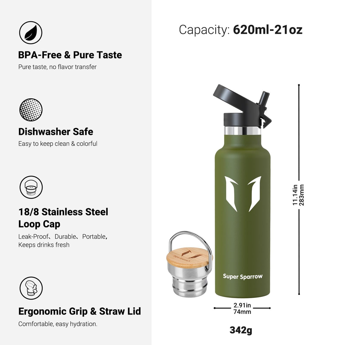 Sparrow Insulated Water Bottle W/Straw -Metal Water Bottles-500ml&750ml&1L