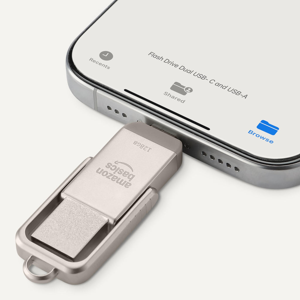 Amazon Basics USB Flash Drive, Thumb Drive Memory Stick with USB C and USB A Dual Ports, 128GB, Champagne Silver