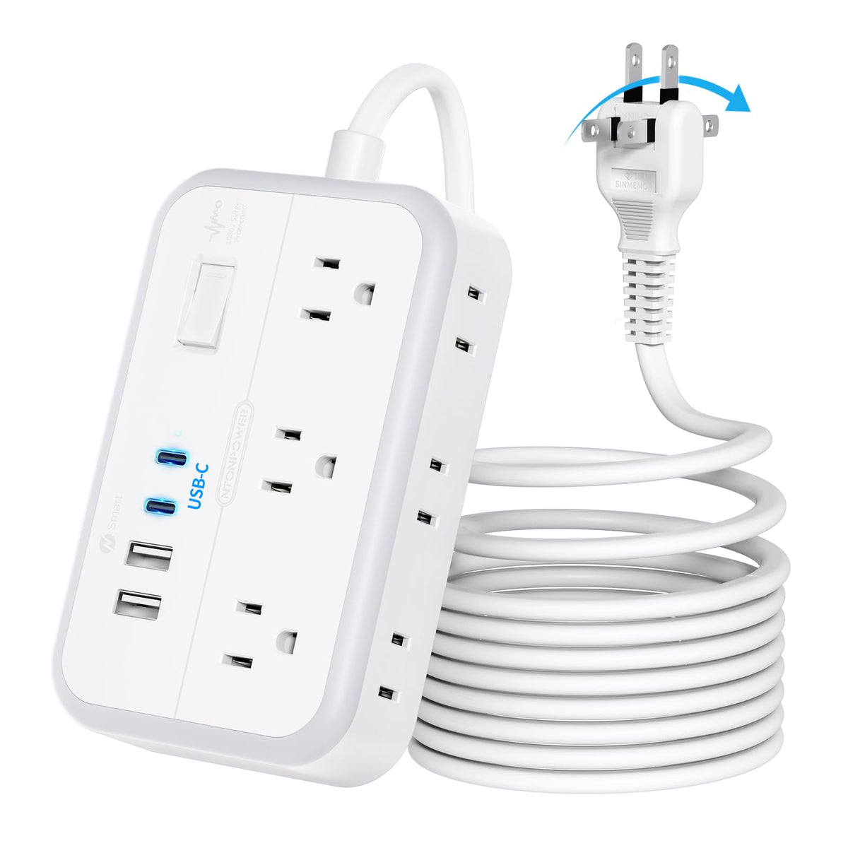 Flat Extension Cord 15 ft, NTONPOWER Surge Protector Power Strip with 6 Widely Outlets 4 USB Ports(2 USB C), Flat Plug, Wall Mounted, Side Outlet Extender for Indoor, Home Office, Dorm Room Essentials