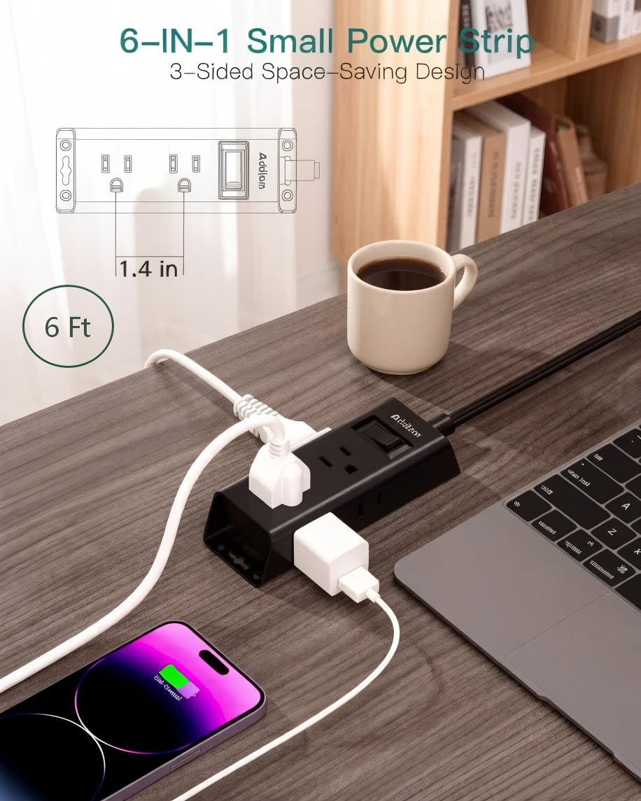 Cruise Essentials - Flat Plug Power Strip, Addtam 5 ft Ultra Flat Extension Cord with 6 Outlets Extender, No Surge Protector for Cruise Ship, Travel, Dorm, Home Office,Black