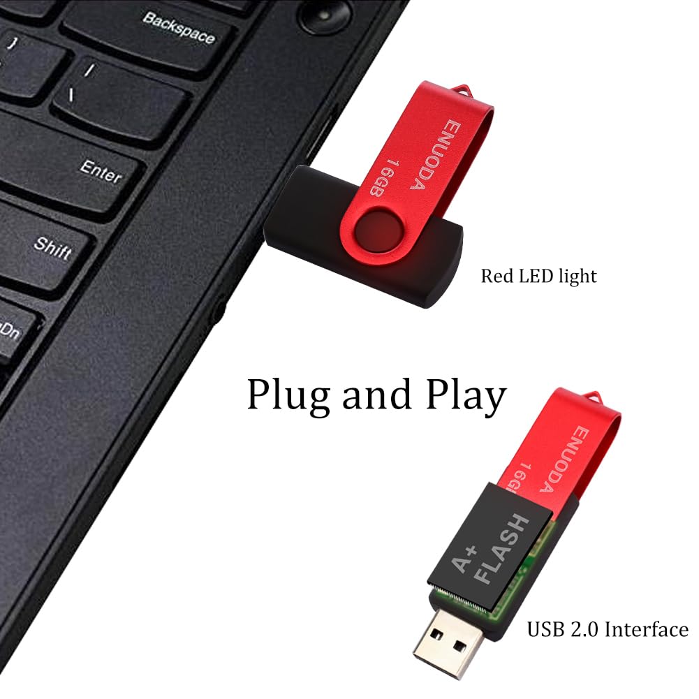 ENUODA 16GB USB Stick 1 Pack Memory Stick USB 2.0 Flash Drives Swivel Design Pen Drive for Data Storage Thumb Drive with LED Light (Black)