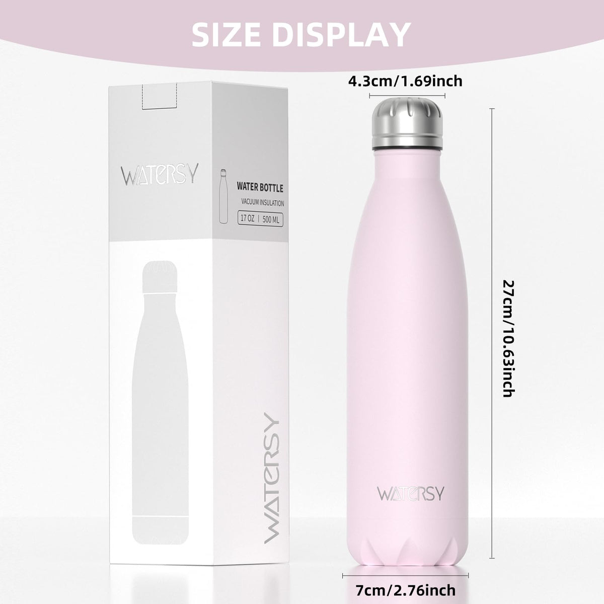 Stainless Steel Insulated Water Bottle, WATERSY Double Walled Metal Vacuum Flask Keep 24 Hrs Cold & 12 Hrs Hot Thermal Metal Sports Bottles 500ml BPA Free for Outdoor, Work, Gym, School (Black)