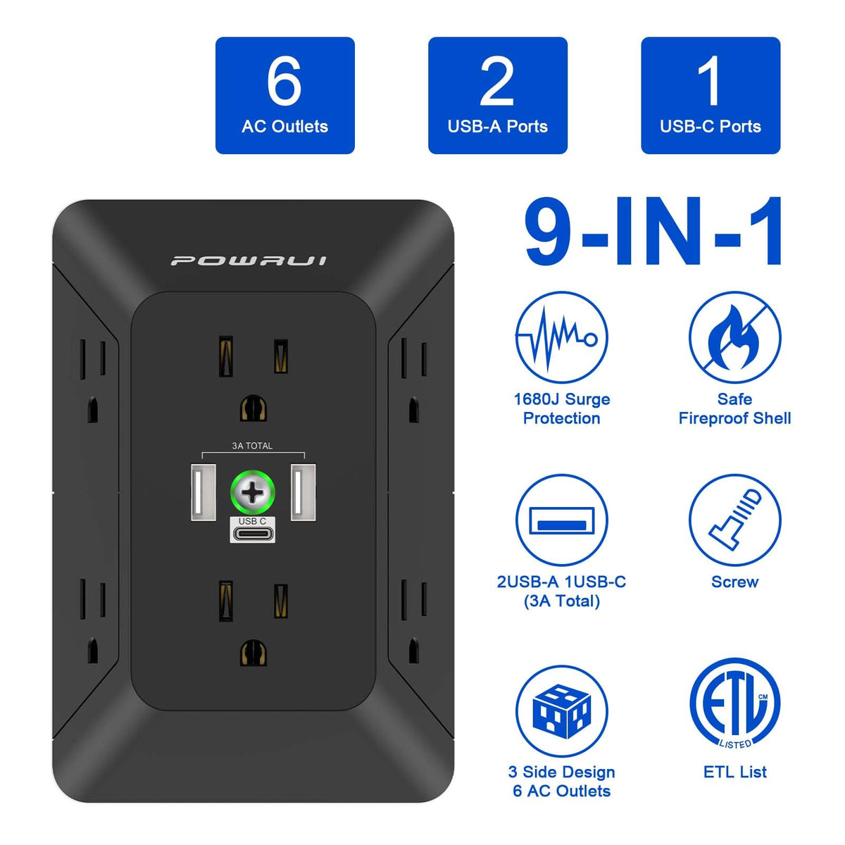Multi Plug Wall Outlet Night Light, POWRUI 6 Outlet Extender & 3 USB Ports