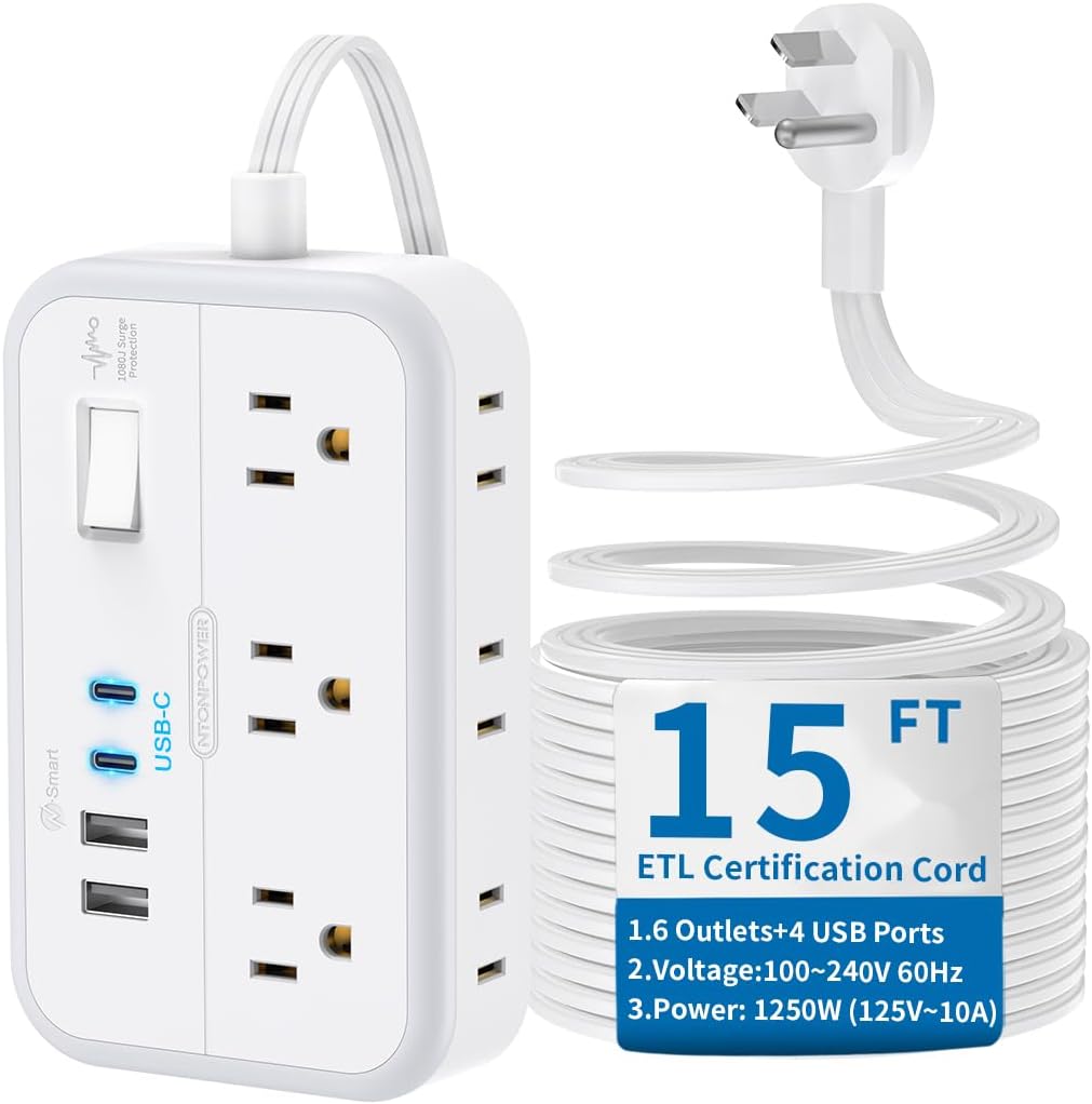 Flat Extension Cord 15 ft, NTONPOWER Surge Protector Power Strip with 6 Widely Outlets 4 USB Ports(2 USB C), Flat Plug, Wall Mounted, Side Outlet Extender for Indoor, Home Office, Dorm Room Essentials