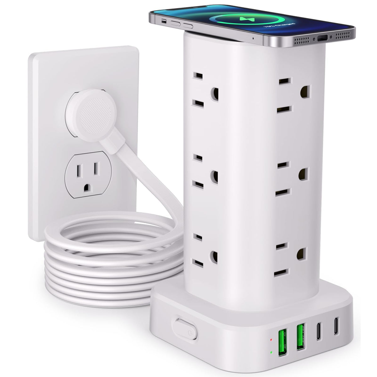 6FT Power Strip Tower with Wireless Charger,Surge Protector with 12 Outlets