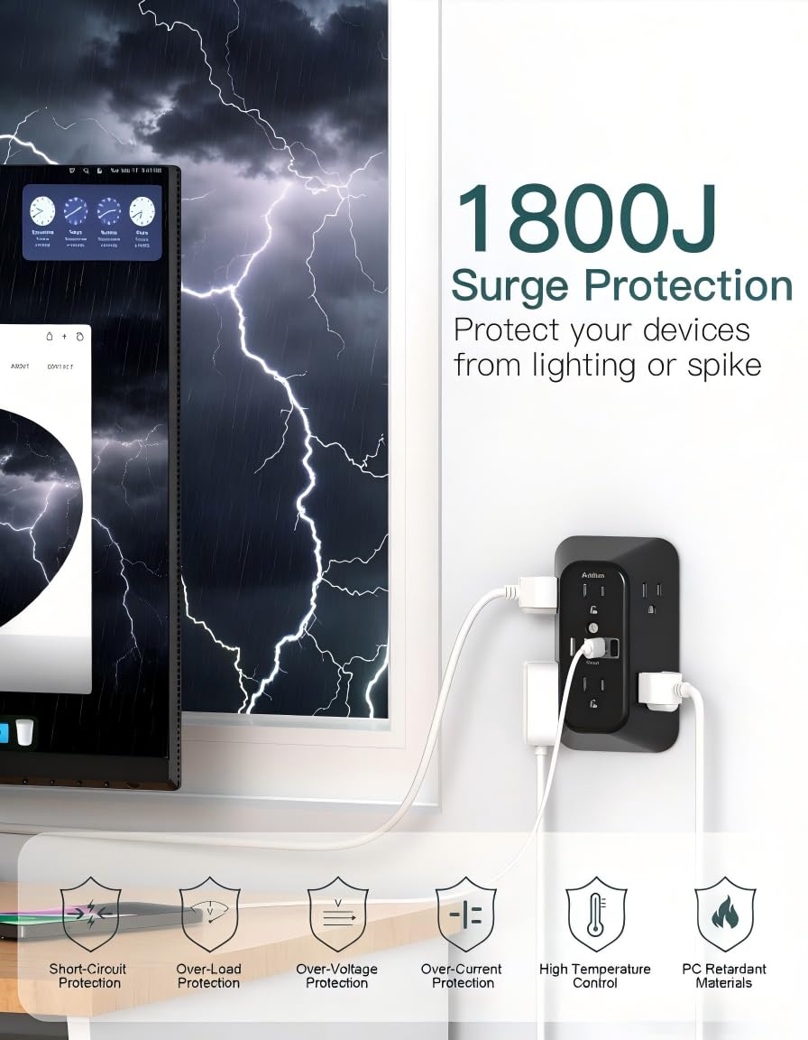 Addtam 6-Outlet Extender Surge Protector, Multi Plug Wall Outlet with 4 USB Wall Charger(PD 30W), Plug Extension Outlet with 1800J, Outlet Splitter Power Strip for Home Office, White