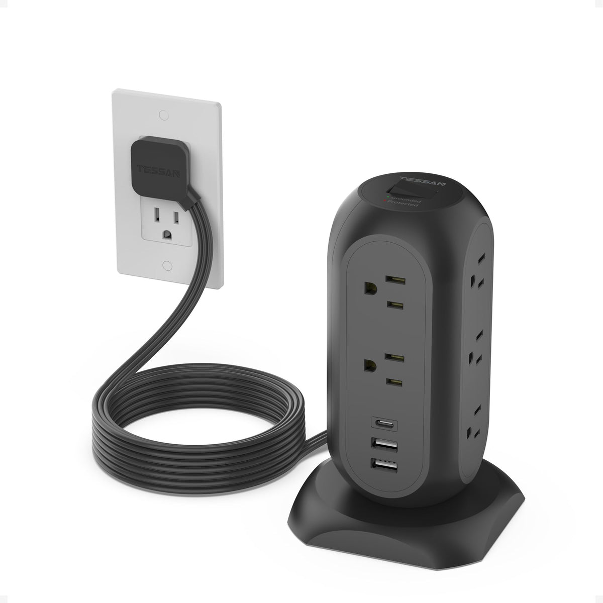 TESSAN Tower Power Strip Flat Plug with 1050J Surge Protection, 6 Ft, Black