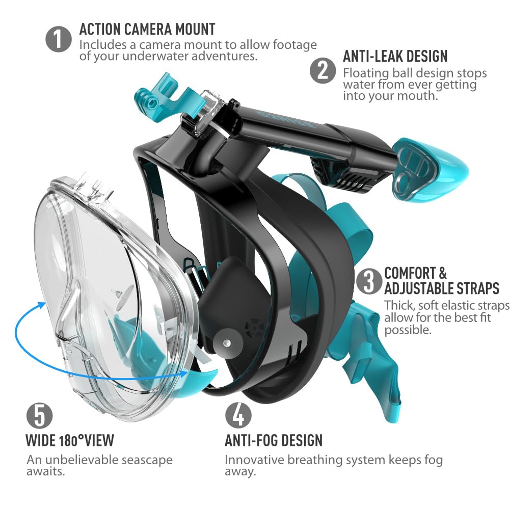 G2RISE SN01 Full Face Snorkel Mask with Detachable Camera Mount, Anti-Fog and Foldable Design, Advanced Breathing System for a Safe Adults/Kids Snorkeling Experience