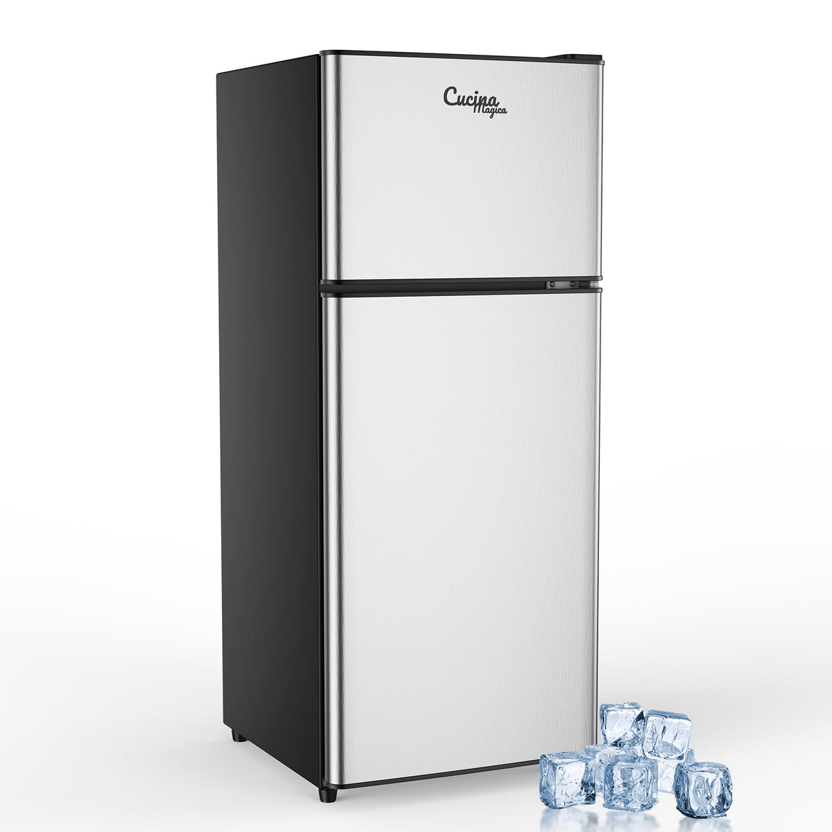Cucina Magica Mini Fridge with Freezer, 3.2 cuft Small Refrigerator, 7 Adjustable Thermostat, Energy Saving, Low Noise, Double Door Compact Refrigerator for Dorm, Bedroom, Office - Silver