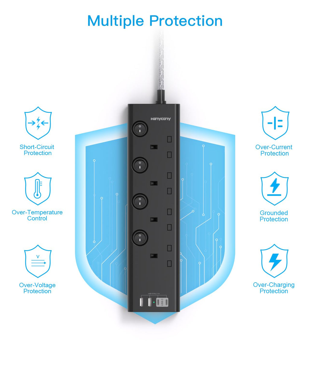 Extension Lead with USB Slots(2 USB C), 4 Way Plug Extension Socket, 1.8M
