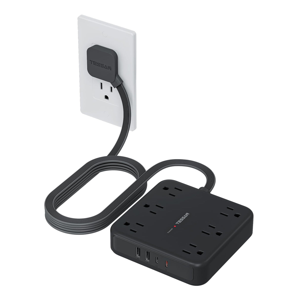 TESSAN Surge Protector Power Strip, 5Ft Flat Plug Extension Cord, Black