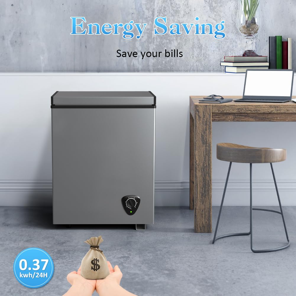 LifePlus Chest Freezer - 3.5 Cubic Feet Compact Deep Freezer Small Freezer 7 Adjustable Temperature with Removable Basket, Energy Saving Super Quiet for Garage, Office, Kitchen, or Apartment, Gray