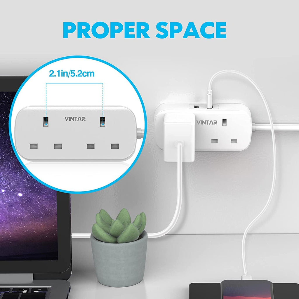 VINTAR Double Plug Adapter UK with 2 USB, 2 Way Plug Extension Sockets