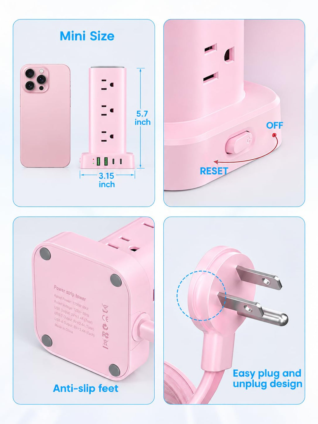 6FT Power Strip Tower with Wireless Charger,Surge Protector with 12 Outlets