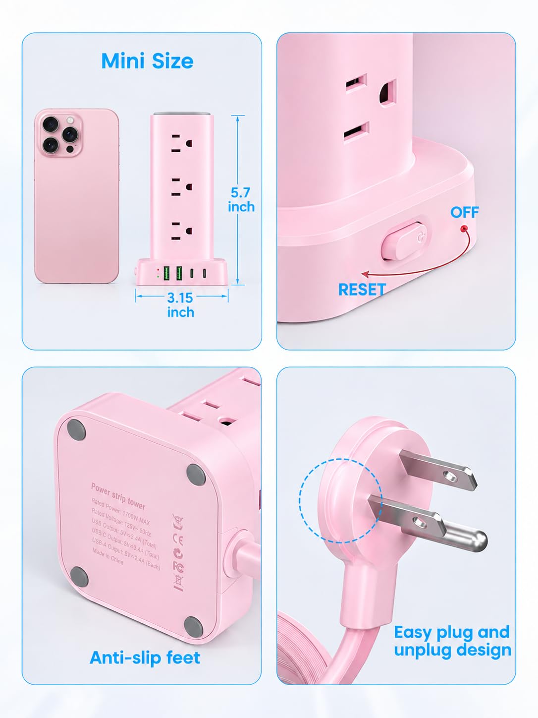 6FT Power Strip Tower with Wireless Charger,Surge Protector with 12 Outlets