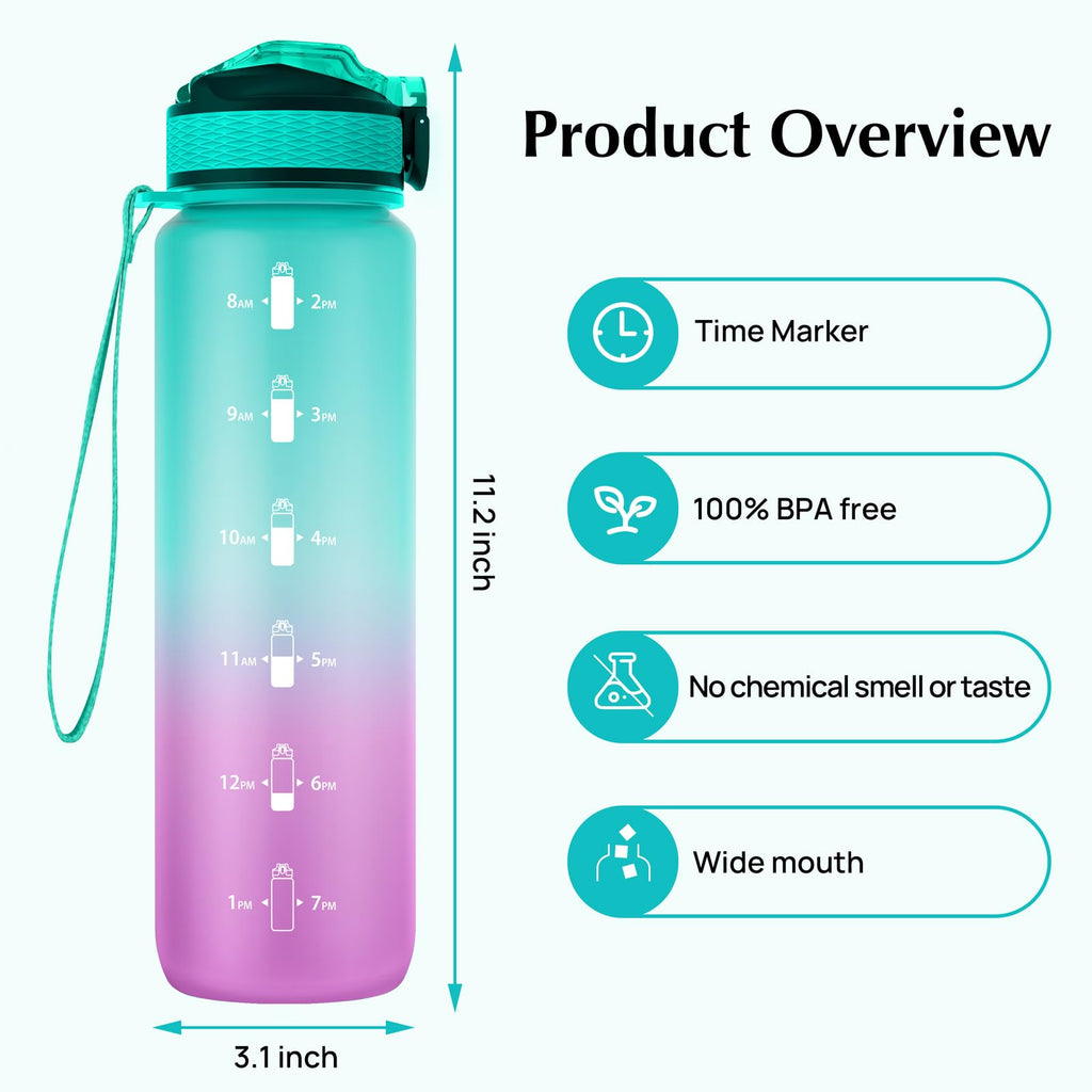EYQ 1L Water Bottle, 1 Litre Water Bottle with Straw, 32oz Leak-Proof Motivational Sports Drinks Bottle with Time Marker, Tritan BPA-Free, Drinking Waterbottles for Gym Outdoor Sports