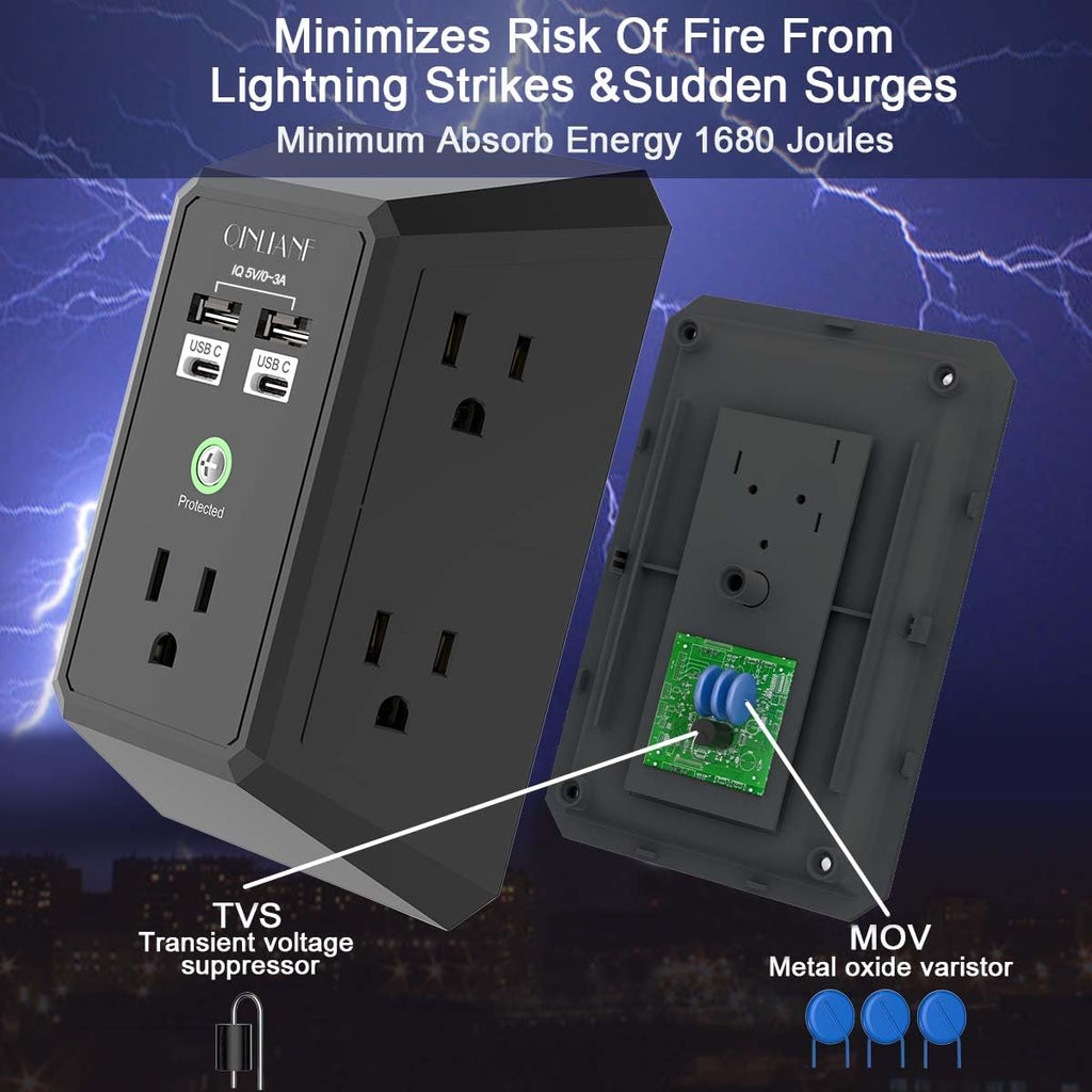 Surge Protector, QINLIANF 5 Outlet Extender with 4 USB Ports(2USB-C)