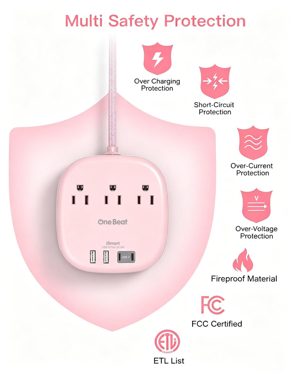 Travel Essentials, 22.5W/4.5A Flat Plug Power Strip, 6 Ft Extension Cord