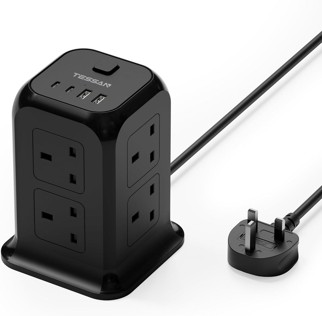 TESSAN 8 Way Black Tower Extension Lead 2M with 4 USB Slots (2 USB C)