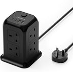 TESSAN 8 Way Black Tower Extension Lead 2M with 4 USB Slots (2 USB C)