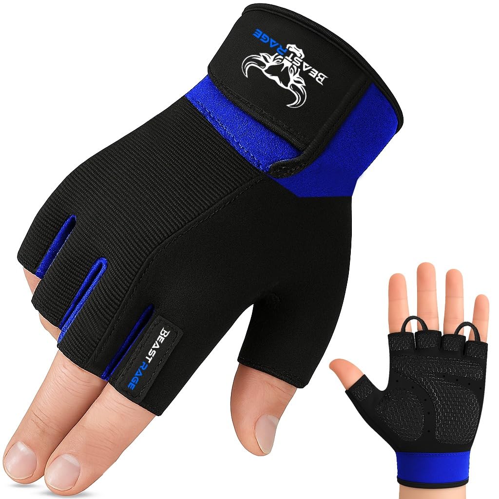 BEAST RAGE Gym Gloves Weight lifting Gloves Training Anti Slip Padded Palm Half Finger Powerlifting Workout Exercise Gloves for Men and Women
