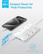 Anker Power Strip with 300J Surge Protector, 5ft Outlet Extender, 20W, 6AC