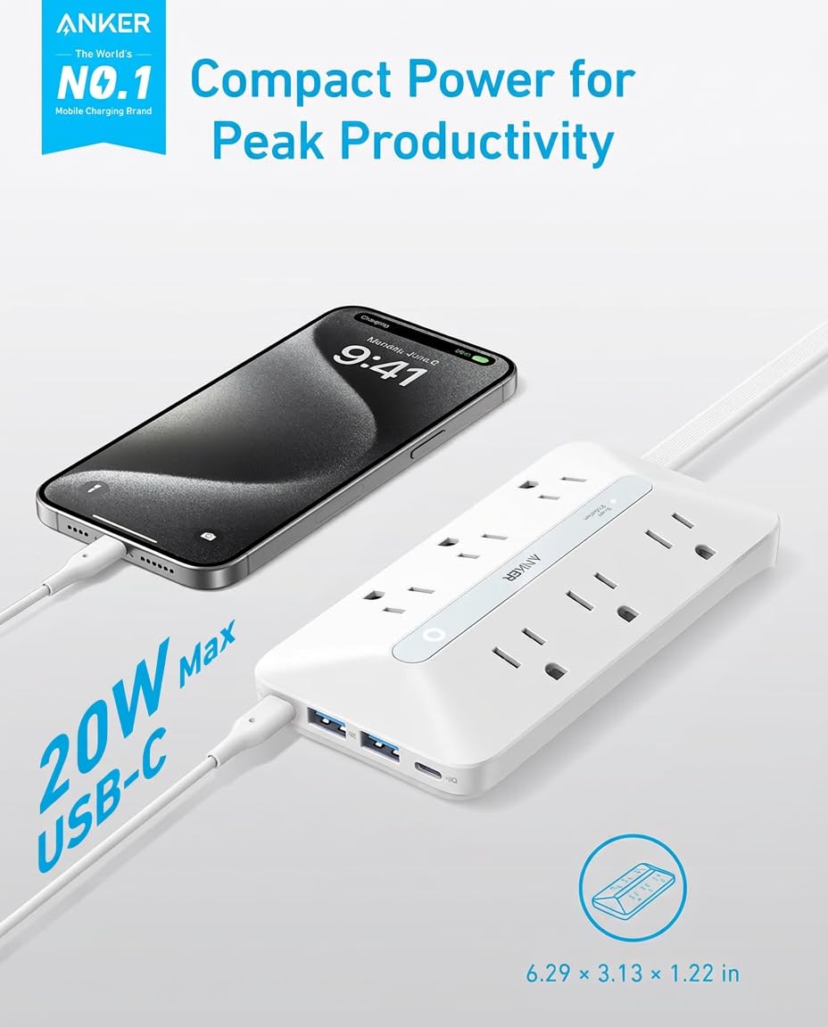 Anker Power Strip with 300J Surge Protector, 5ft Outlet Extender, 20W, 6AC