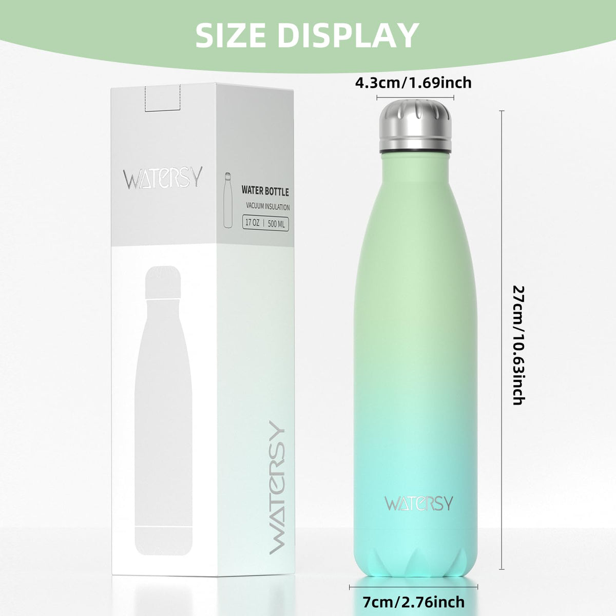 Stainless Steel Insulated Water Bottle, WATERSY Double Walled Metal Vacuum Flask Keep 24 Hrs Cold & 12 Hrs Hot Thermal Metal Sports Bottles 500ml BPA Free for Outdoor, Work, Gym, School (Black)