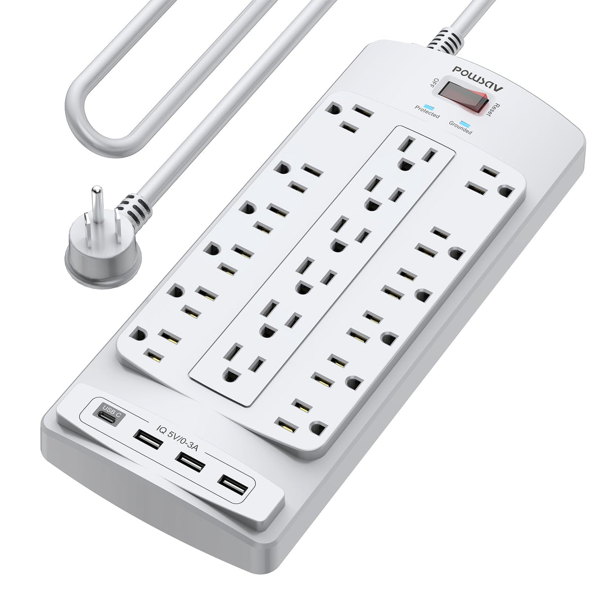 18 Outlets Surge Protector Power Strip - 6 Feet Flat Plug Heavy Duty Extension Cord with 18 Widely Outlets and 4 USB Ports, 2100 Joules, White, ETL Listed